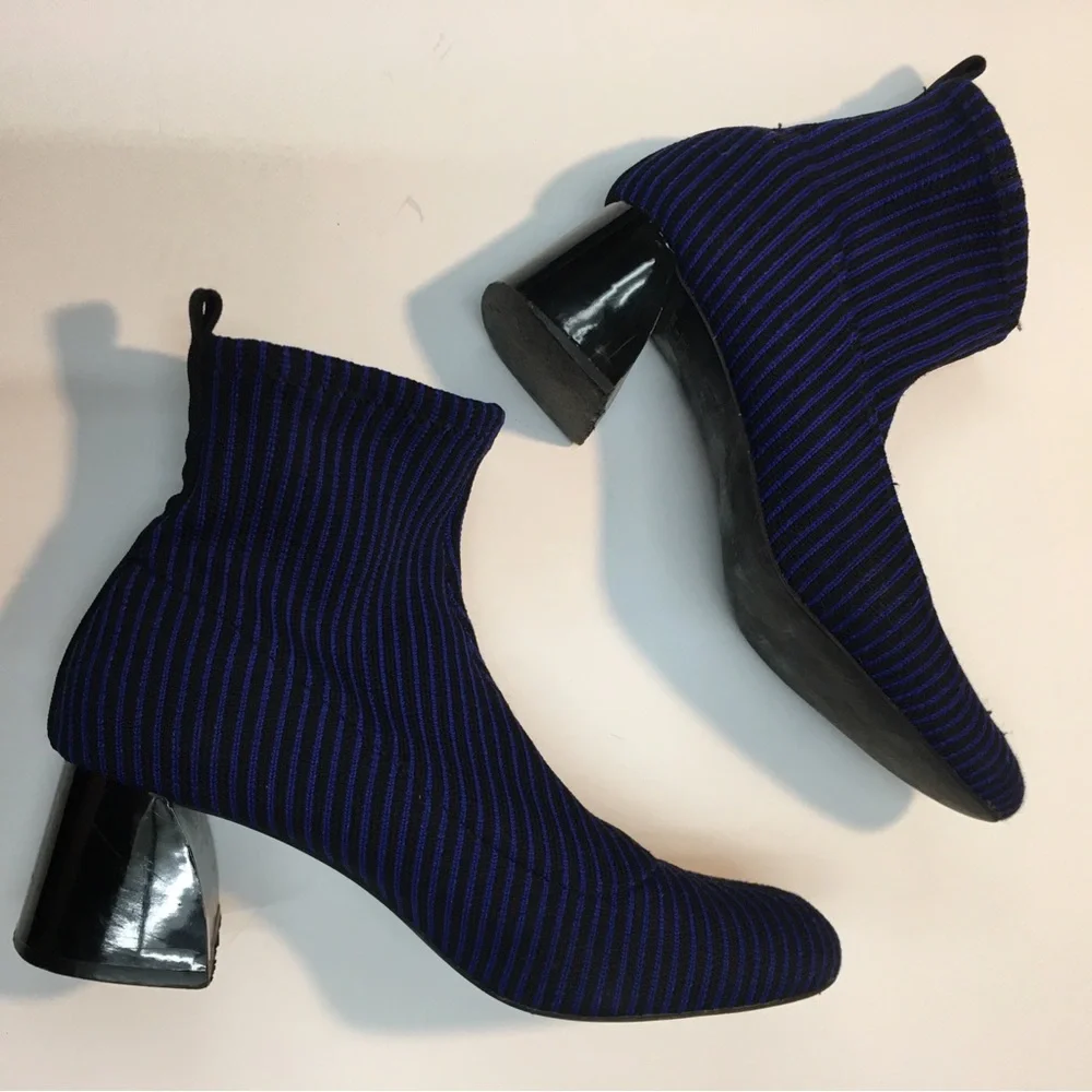 Zara Trafaluc Knit Sock Stripe Booties Block Heel EU 36 Blue Black Office - Picture 6 of 12